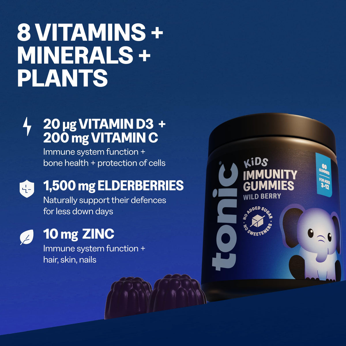 Tonic Health Kids Immunity Gummies - 7 in 1, Elderberry Gummies, No Added Sugar, No Sweeteners, Vitamins C, D and Zinc, Wild Berry Flavour, Month Supply (60 Count), Ages 3-12, Vegan.