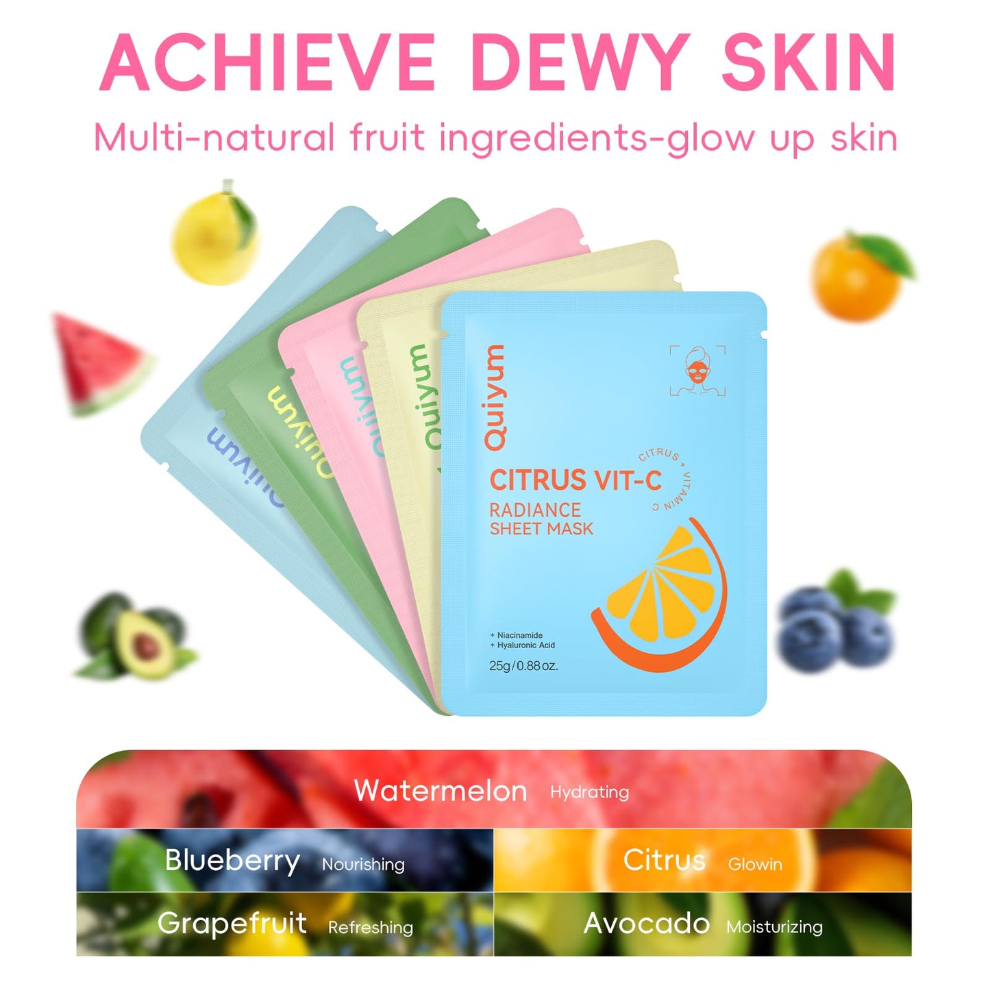 QUIYUM Quiyum Face Mask, Skincare Set of 25 with Vitamin C, Niacinamide, AHA, Hyaluronic Acid & Avocado for Radiance, Hydration & Pore Care, Pamper Care Package Gift for Women Teenage Girls Her