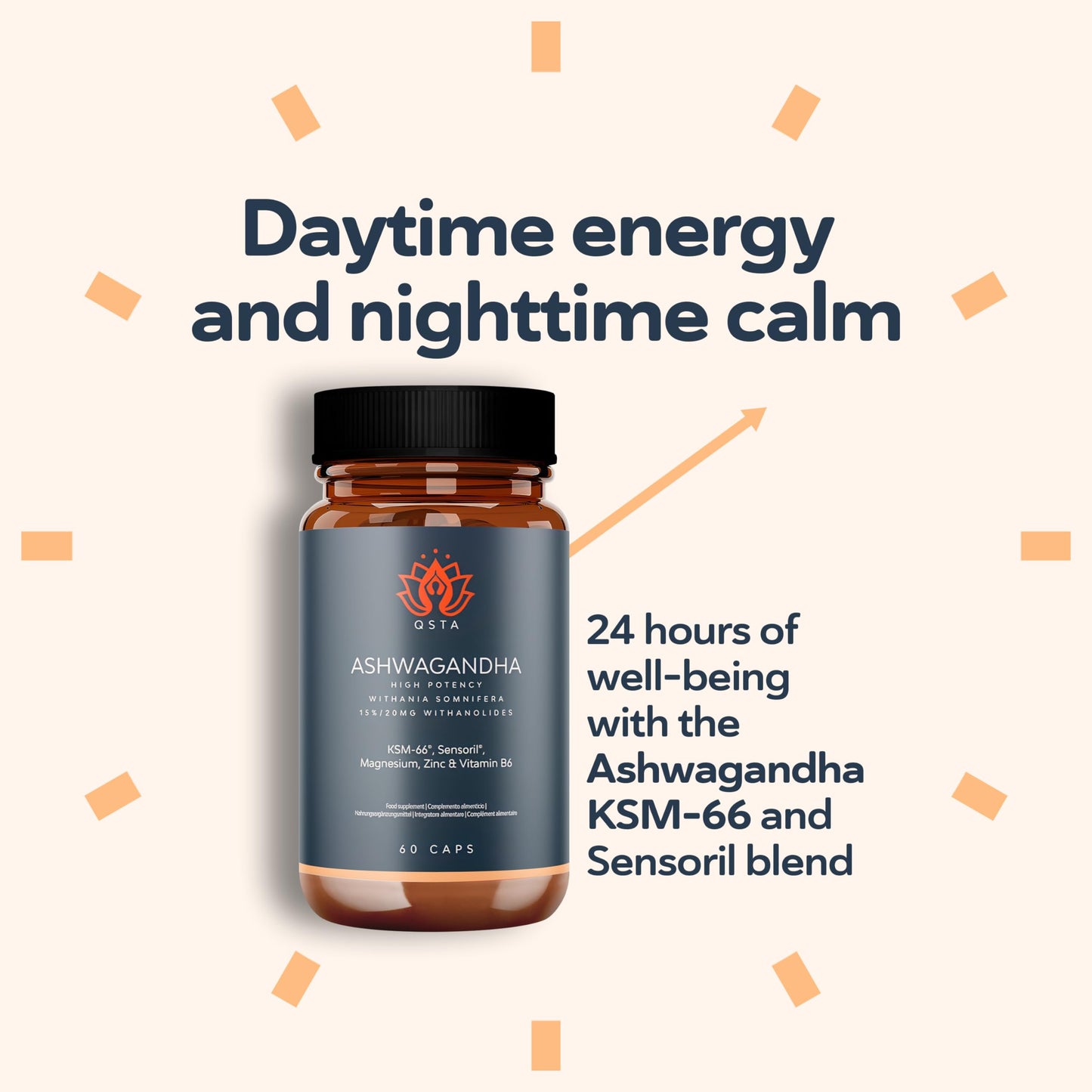 QSTA Ashwagandha KSM 66 + Sensoril (15-20% Withanolides) Cortisol Reducing Supplements for Deep Sleep, Energy, Concentration and Stress Relief. 2 Month Supply Ashwagandha High Strength KSM 66 Capsules