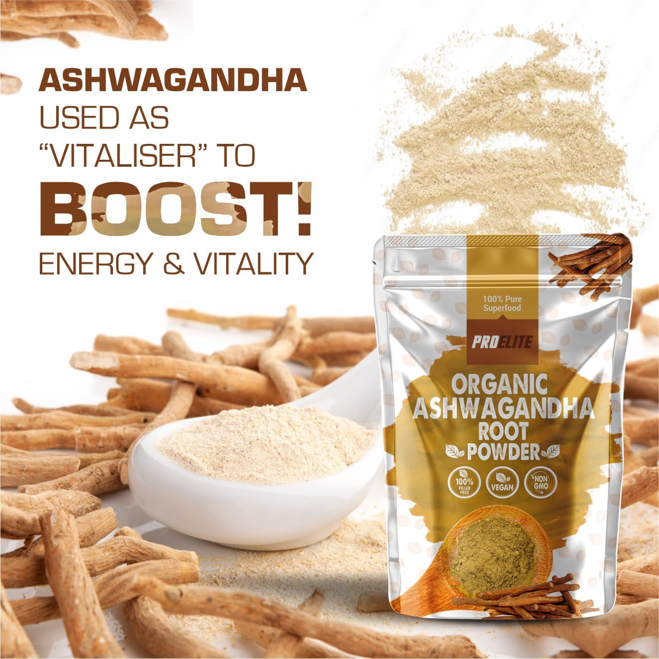 Organic Ashwagandha Powder 500g Supports Immunity | Premium Ashwagandha Root Superfood Anxiety, Stress & Fatigue Relief, Sleep Aid, Energy Increase Zero Additives Vegan Powder by PROELITE