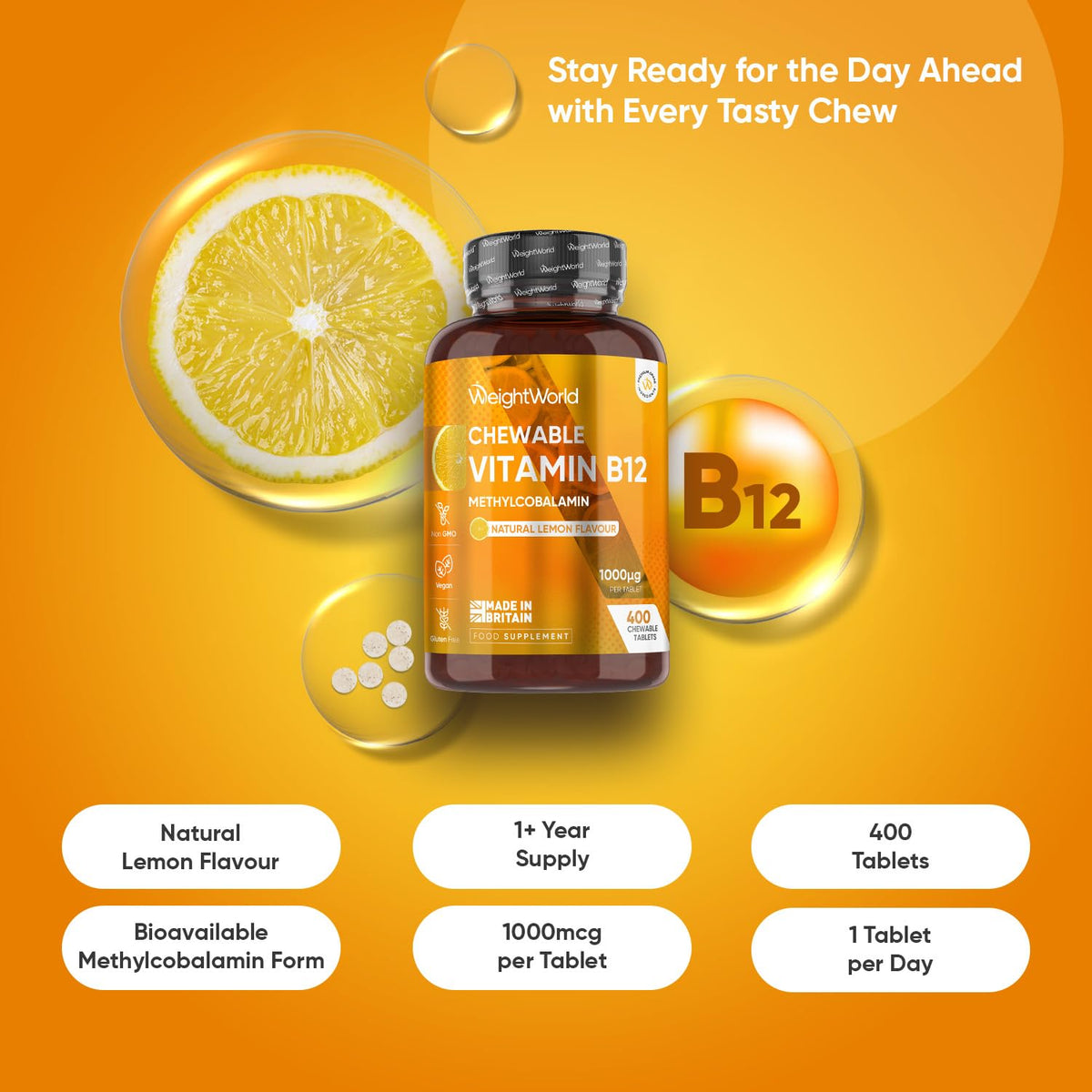 WeightWorld Vitamin B12 Tablets 1000mcg - 1+ Year Supply - 400 Chewable Tablets - Natural Lemon Flavour - Vegan & Gluten-Free - Methylcobalamin Form - B12 Vitamins for Women & Men - Made in the UK