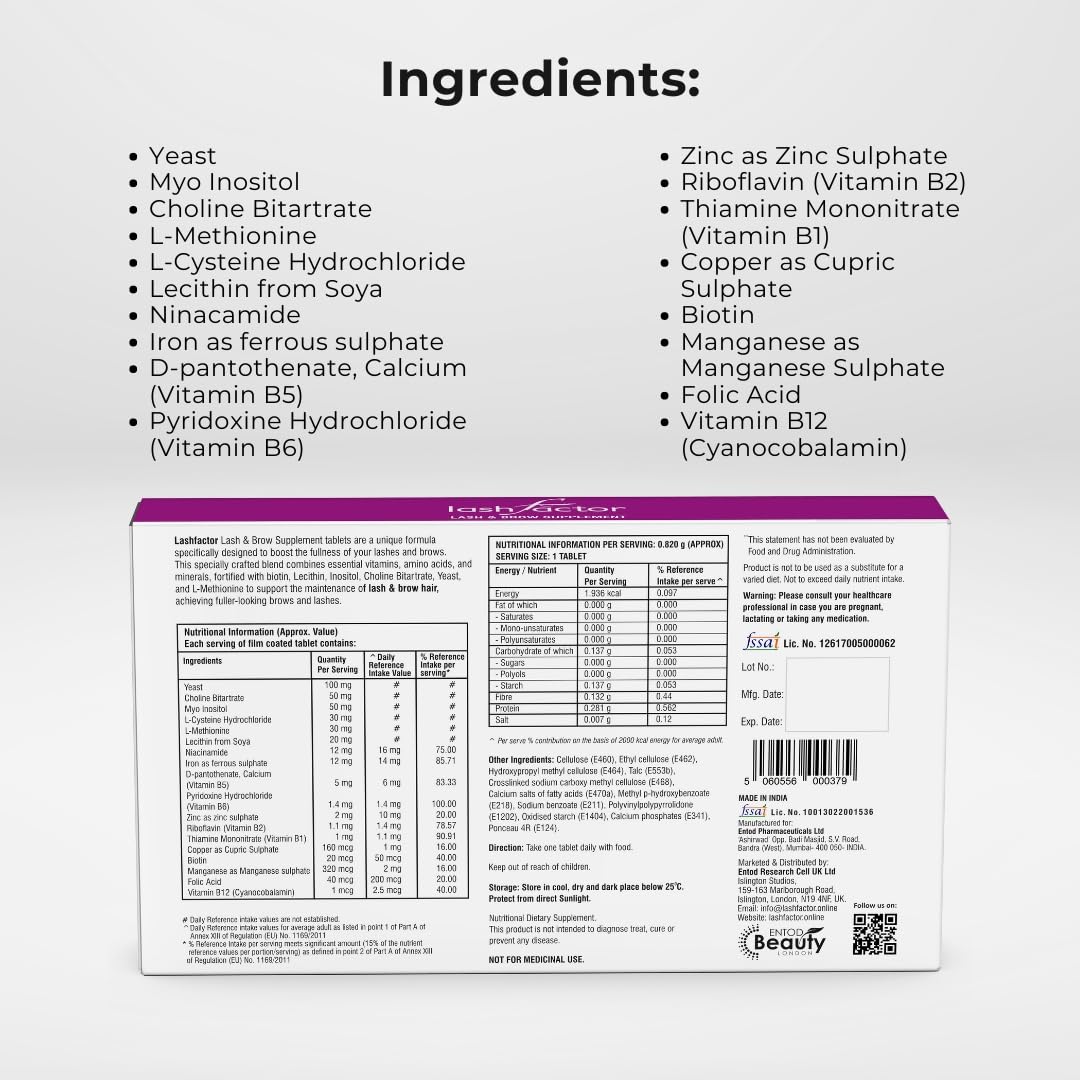 Lashfactor Biotin Supplement for Lash & Brow Hair Growth – Vegan Biotin Supplement for Fuller, Healthier Lashes & Brows - Enriched with Essential Vitamins & Minerals (1 Month Supply - 30 Tablets)