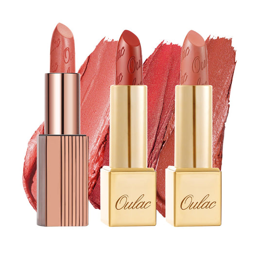 Oulac Orange Metallic Shine Lipstick Set - Lip Set for Women, Coral Lip Color Kit, Creamy Formula, Full Coverage, Hydrating & Smooth, Infused with Shea Butter, Vegan, Clean Beauty B605(605+D02+D05)