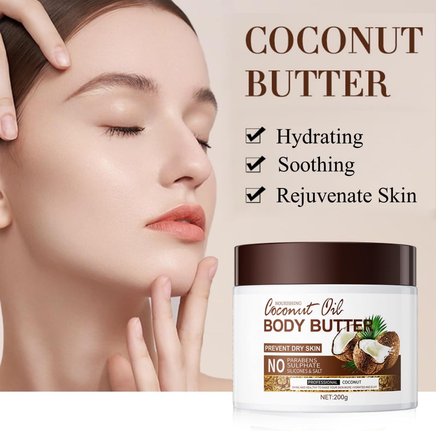 SinceReal Coconut Body Butter 200g, Coconut Oil Body Cream for Dry Skin, Nourishing, Hydrating, Softens Skin
