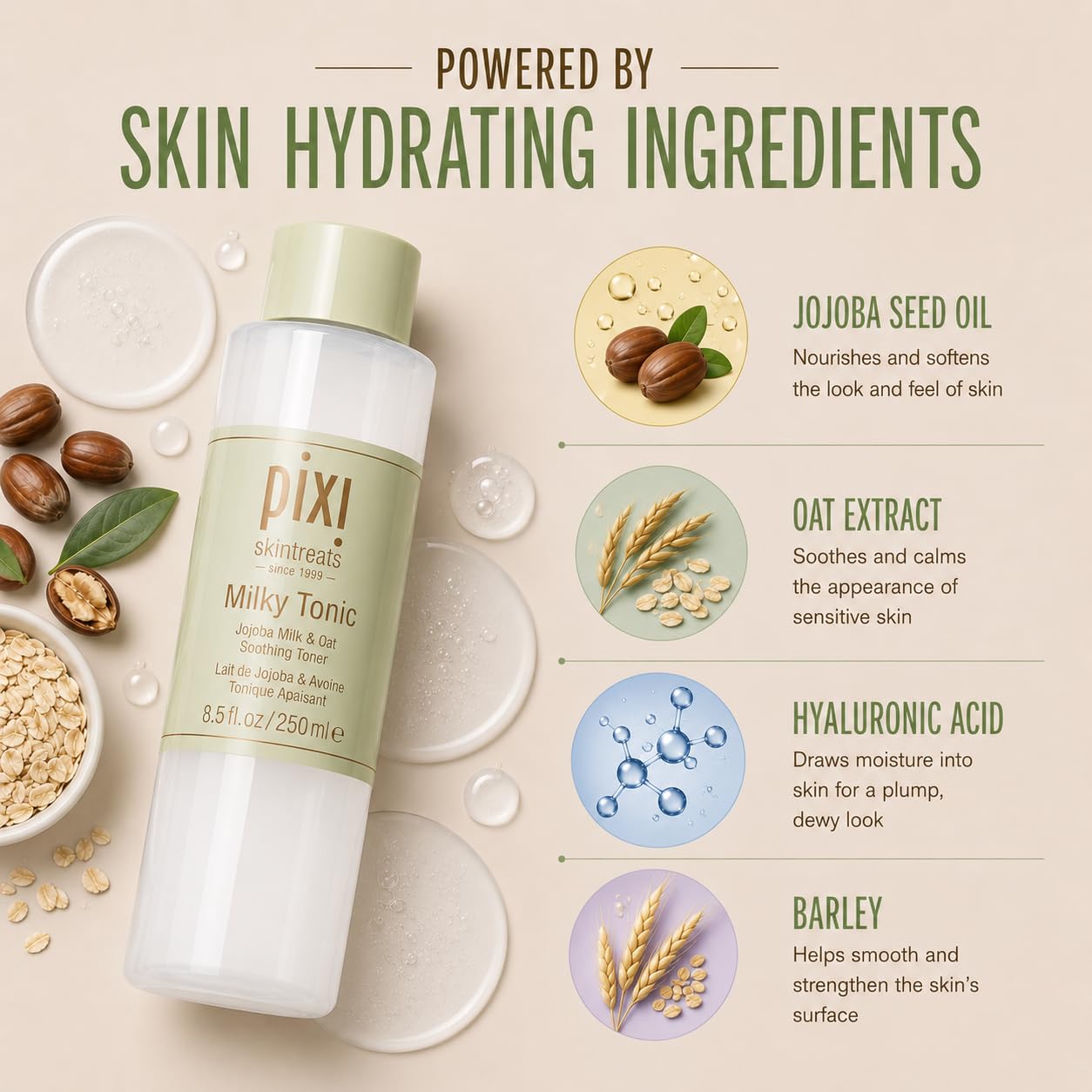 Pixi Milky Tonic, Calming & Hydrating Tonic Containing Jojoba Milk, Infused with Oat Extract to Soothe, Alcohol-Free Daily Nourishing Toner, 8.5 fl oz/ 250 mL