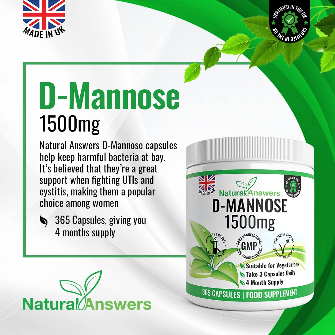 Natural Answers D-Mannose | 365 Capsules | Max Strength 1500mg per Serving - Precision DMannose - Vegetarian Capsules not Tablets or Pills, Made in The UK (365 Count (Pack of 1))