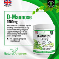 Natural Answers D-Mannose | 365 Capsules | Max Strength 1500mg per Serving - Precision DMannose - Vegetarian Capsules not Tablets or Pills, Made in The UK (365 Count (Pack of 1))