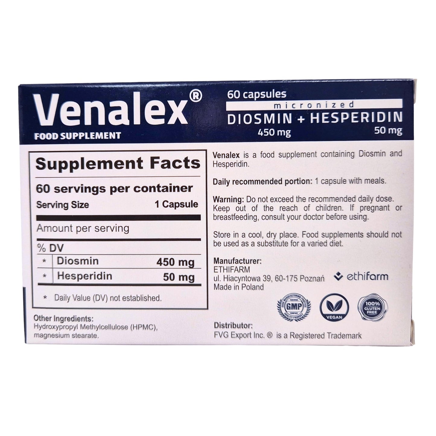 Venalex 60 days Lymphatic Drainage & Circulation Supplement MPFF Diosmin 450 mg & Hesperidin 50 mg in ratio 9:1 Varicose Veins, Heavy Legs, Haemorrhoids & Fluid Retention – GMP Vegan