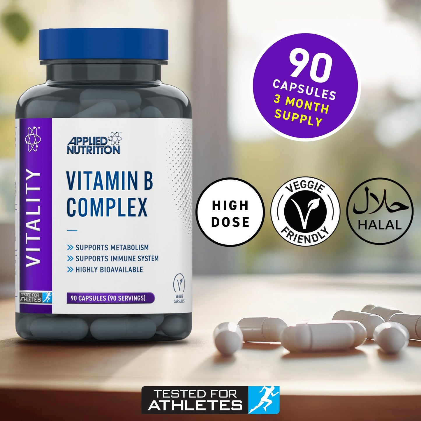 Applied Nutrition Vitamin B Complex High Strength, 90 Vegan Capsules, B1, B2, B3 Niacin, B5, B6, B7 Biotin, B9 Folic Acid, B12, with Choline, Inositol, PABA, Energy and Immune Support, Halal, UK Made