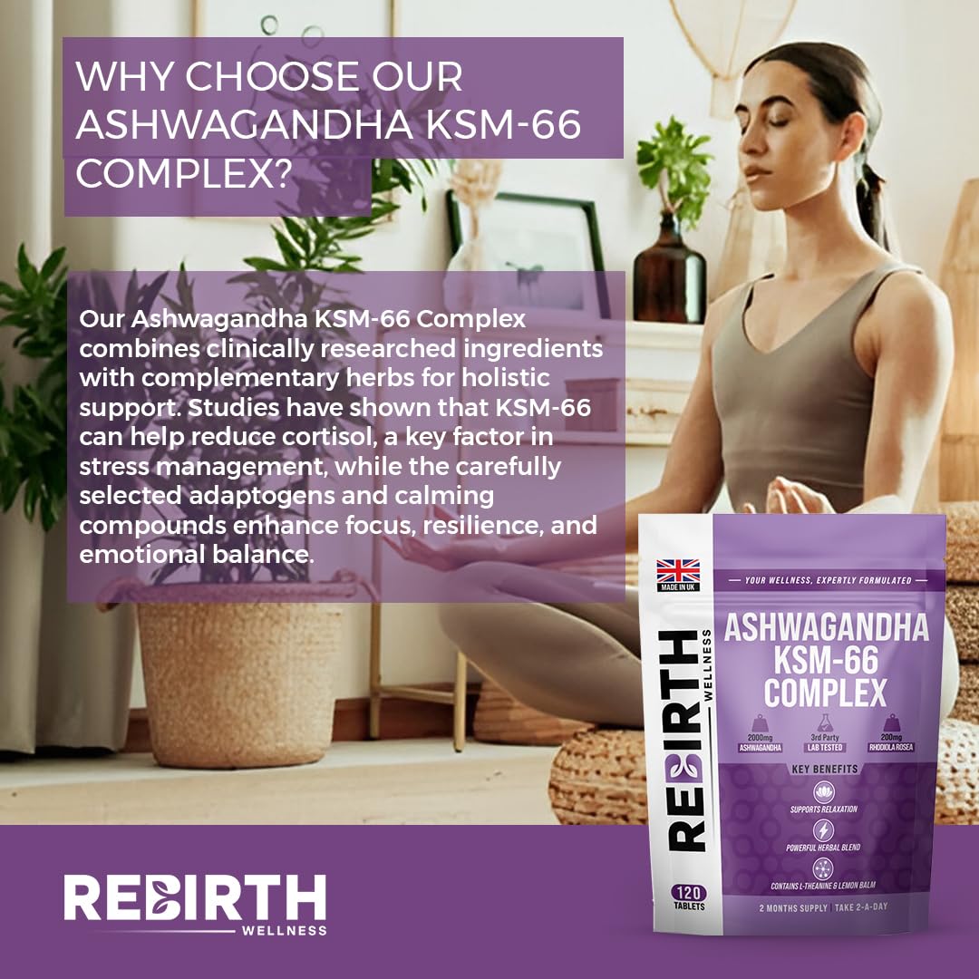 REBIRTH WELLNESS BE YOURSELF | ONLY BETTER Cortisol Support Supplement with Ashwagandha KSM 66, Rhodiola, L-Theanine & Lemon Balm – Natural Adaptogen for Balance, Focus & Weight Goals – 120 Tablets - UK Made
