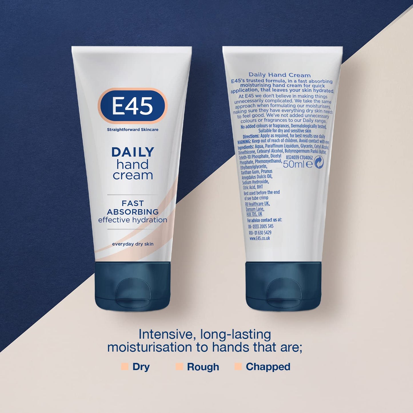 E45 Daily Hand Cream 50 ml – Hand Cream for Very Dry Hands - Moisturiser for Dry Skin and Sensitive Skin - Non-Greasy Hand Repair Cream for Soft and Supple Hands - Fast Absorption Formula (Pack Of 6)
