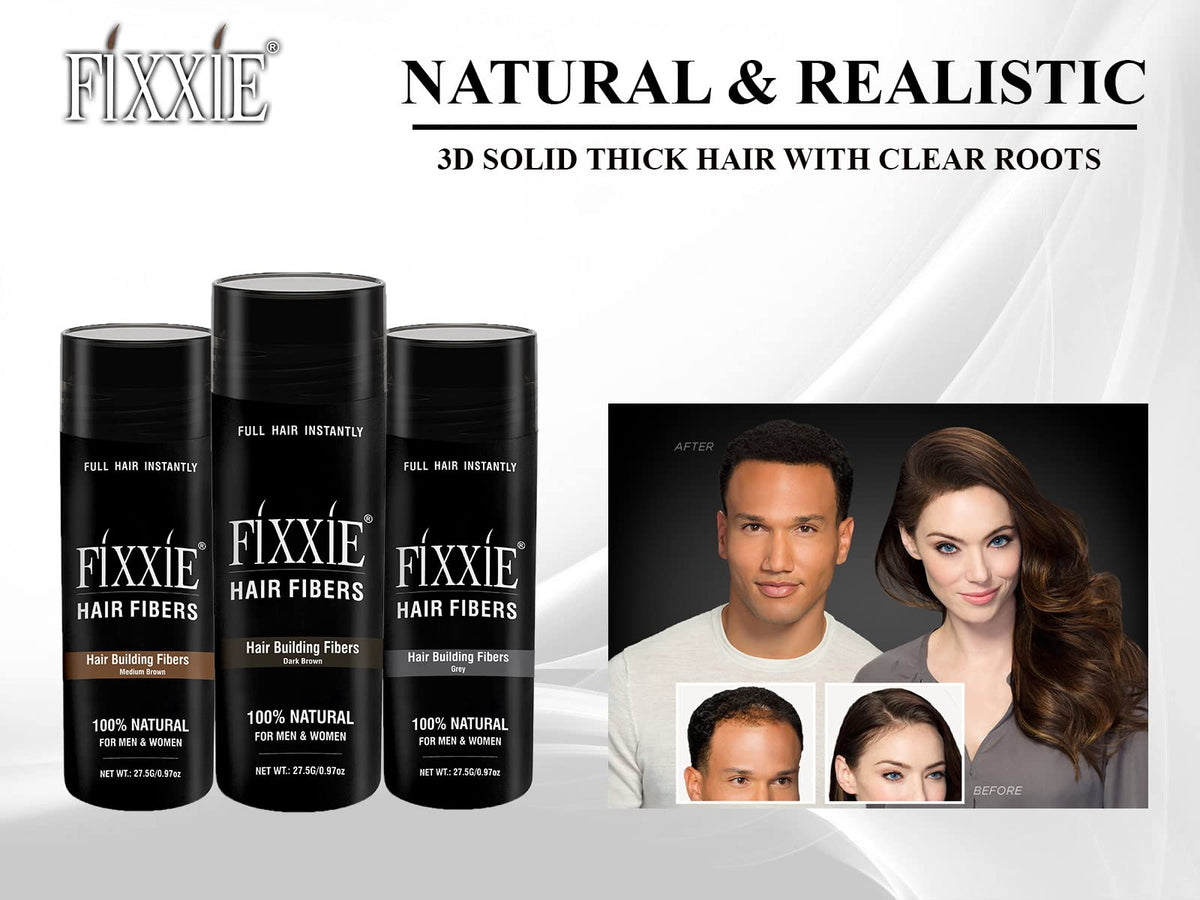 FIXXIE, fixxie Hair Fibres with Applicator + Comb, 82.5g Natural Keratin Hair Thickening Fibers for Thinning Hair, Hair Thickener For Women & Men, 27.5g X 3 Bottles (Pack of 3, Black)