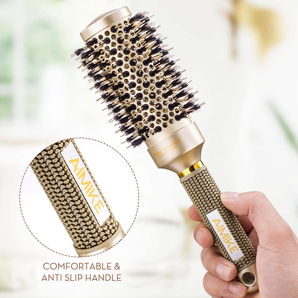 AIMIKE Round Hair Brush, Nano Thermal Ceramic & Ionic Tech Round Brush, Blow Dry Hair Brush with Boar Bristles, Barrel Brush for Styling, Curling, Add Volume & Shine (2.9 inch, Barrel 1.7 inch)