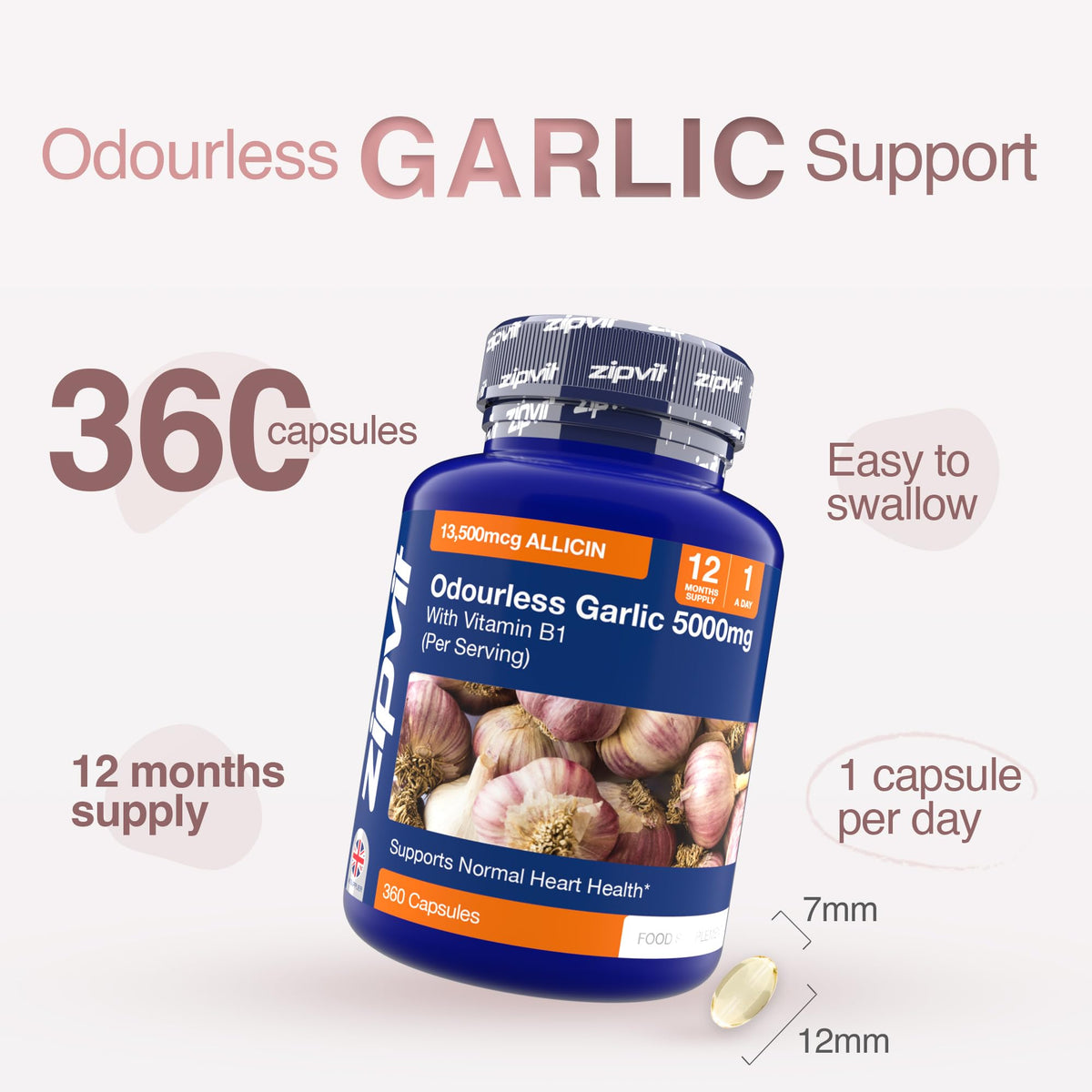 Zipvit Odourless Garlic Capsules 5000mg with Vitamin B1 – 360 Capsules (12 Month Supply) – 10mg 500:1 Garlic Extract