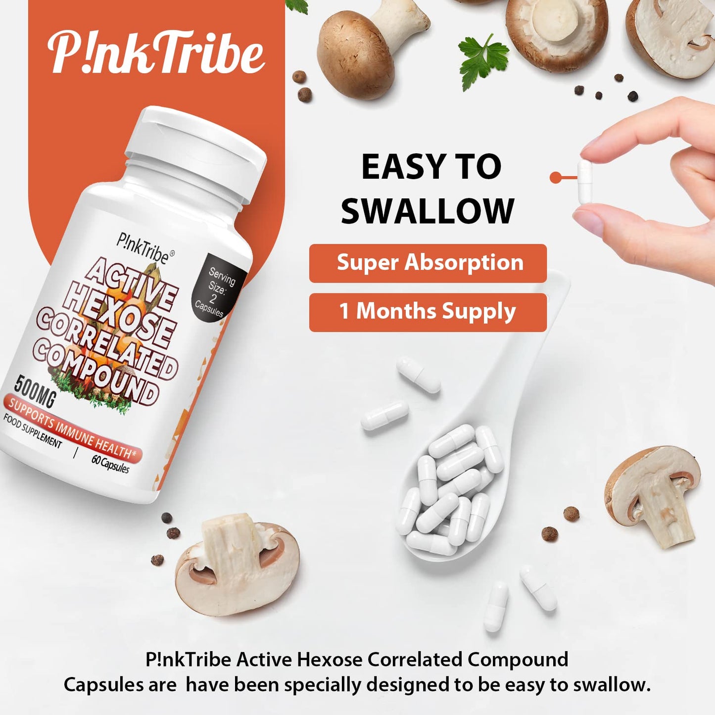 P!nkTribe Active Hexose Correlated Compound 500mg - Supports Immune Health, Liver Function & T-Cell/Natural Killer Cell Activity - 180 Veggie Capsules (Pack of 3)