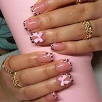 Generic Leopard French Tip Press on Nails - Short Square Pink Acrylic Fake Nails with Jelly Glue, Full Cover, 24 Pcs, Cute Bow Design, Durable & Easy to Apply for Women