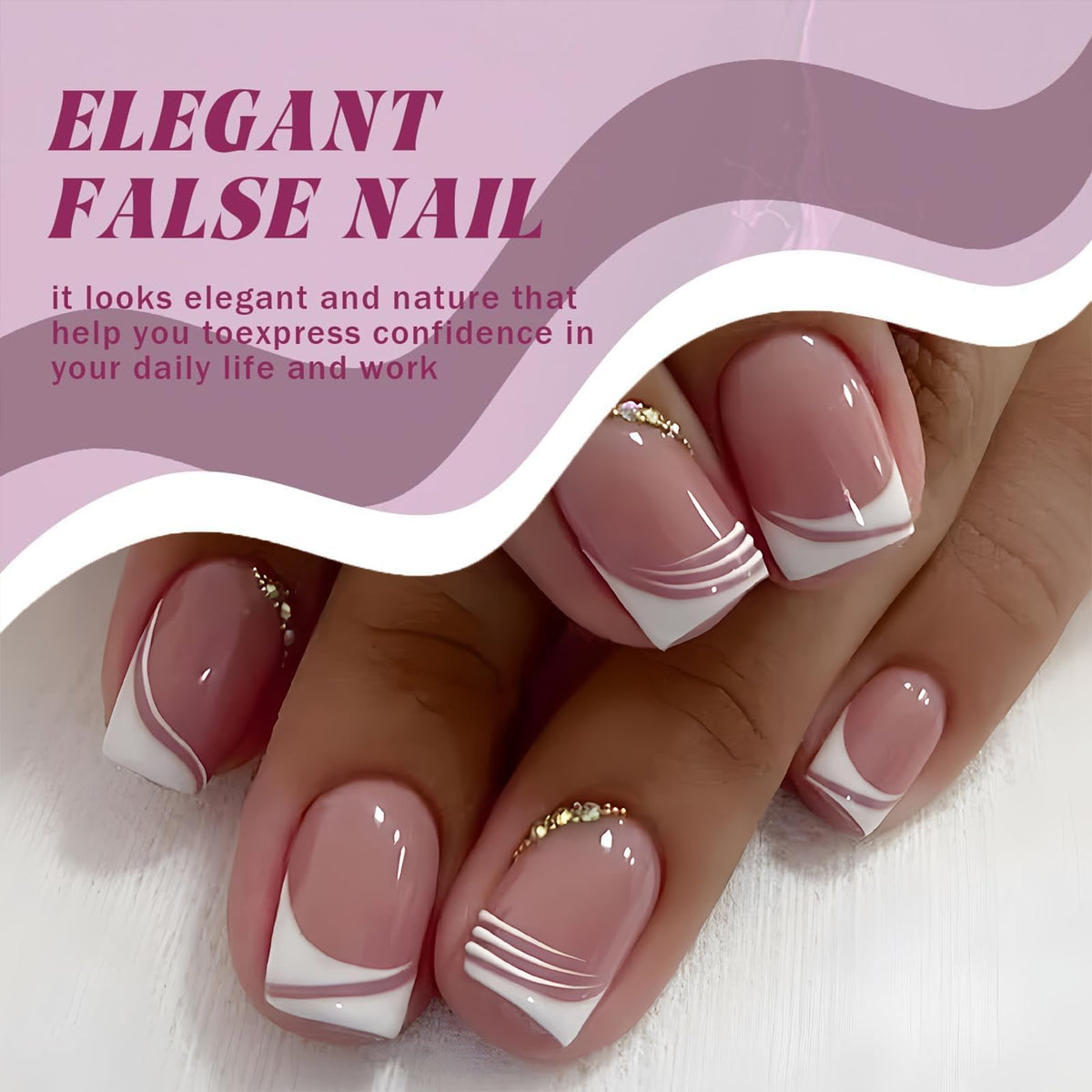 Mikloven Pink Gradient French Manicure Nails - Oval Shape Acrylic High Gloss Reusable Press On Nails For Women With White Tips Golden Sparkle Chain And Multi Layer Stripes Decorations
