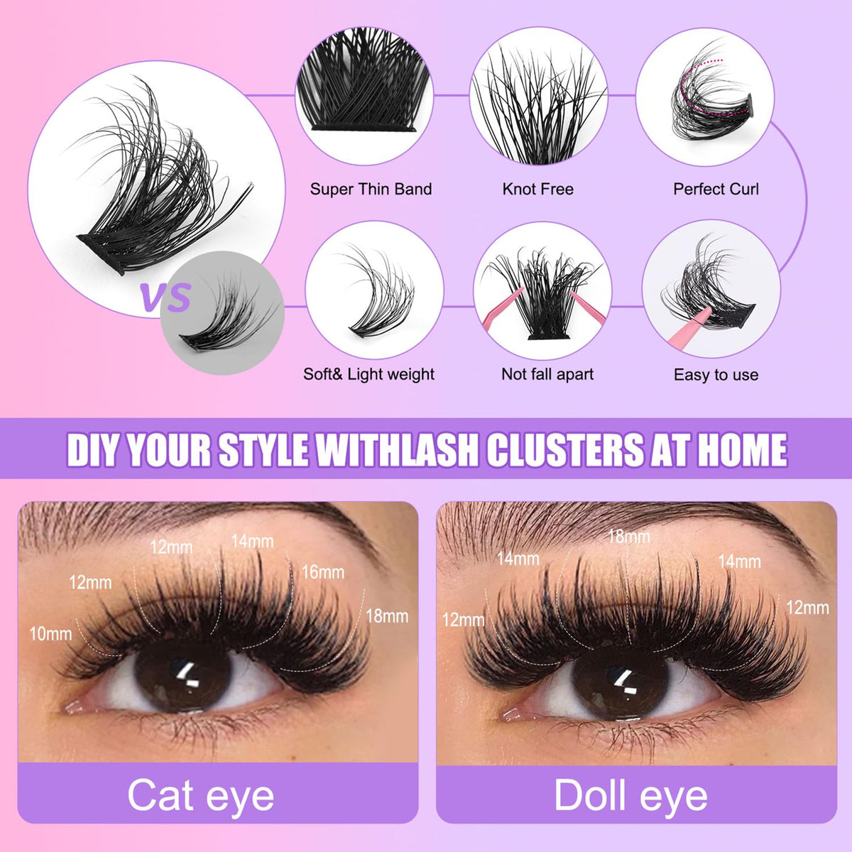 LYMYBETY Fluffy Individual Eyelashes Kit 270Pcs D Curl Cluster Lashes 10-18mm DIY Lash Extension kit Russian Individual Eyelashes with Lash Bond and Seal,Tweezers for Beginners(60+80+100 KIT, 10-18mm)