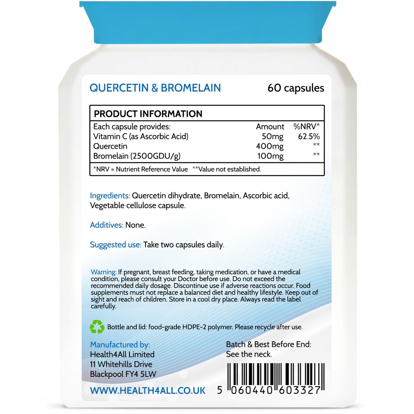Health4All Quercetin 400mg + Bromelain 100mg per Capsule, Natural Antihistamine, Balances Immune Response, Pure Vegan 60 Capsules (not Tablets) | Made in UK