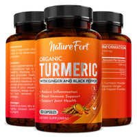 Nature Fort Organic Turmeric Capsules High Strength 1400mg with Black Pepper and Ginger – Active Curcumin Formula – 120 Veg Capsules – Organic, Vegan, and Non-GMO – Enhanced Absorption