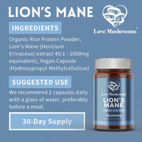 Love Mushrooms Lion's Mane Capsules, 60,000mg, 60 Capsules, Mushroom Supplement to Support Brain Health, Focus & Memory, Organic & Vegan