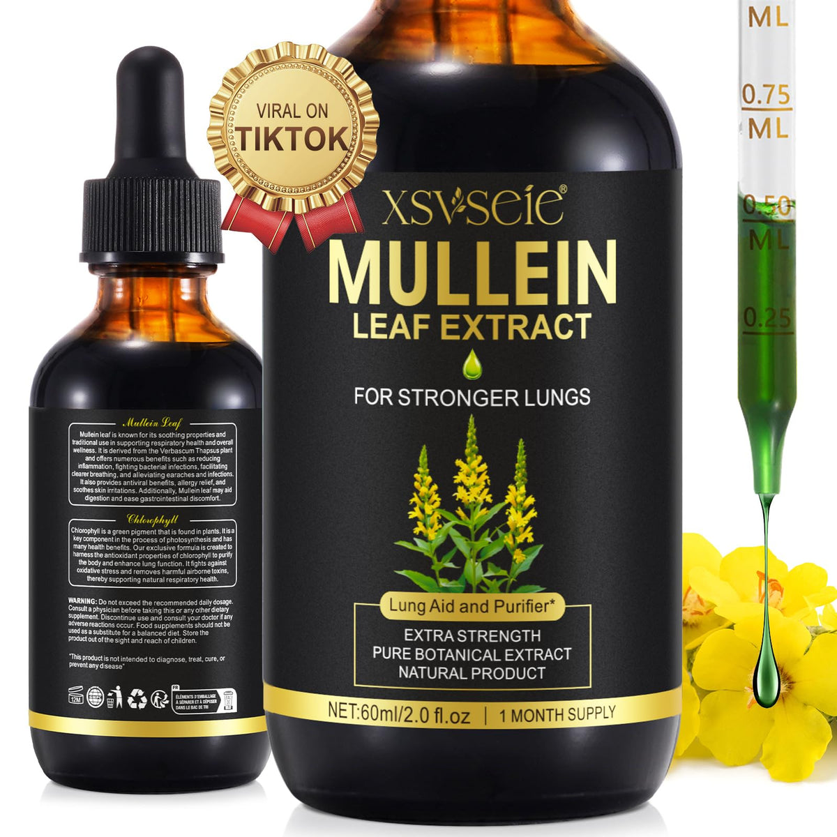 herlosfeel Mullein Leaf Extract for Lungs, 60ml Mullein Leaf Liquid Drops,Natural Mullein Drops for Lungs Cleanse, & Premium Mullein Leaf Extract Fast Absorption Rich in Chlorophyll Vegetarian & Health Supplemen