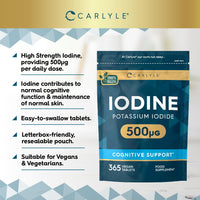Iodine Tablets 500mcg | High Strength Iodine Supplement | 365 Vegan Tablets | by Carlyle