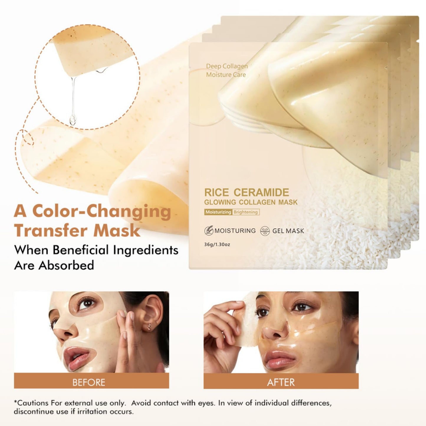 6Pcs Rice Glow Collagen Mask, Rice Ceramide Collagen Face Mask, Bio Overnight Face Mask for Glass Skin, Brightening Night Wrapping Gel, Tightening, Shrink Pores, Soothe, Repair, Korean Skincare