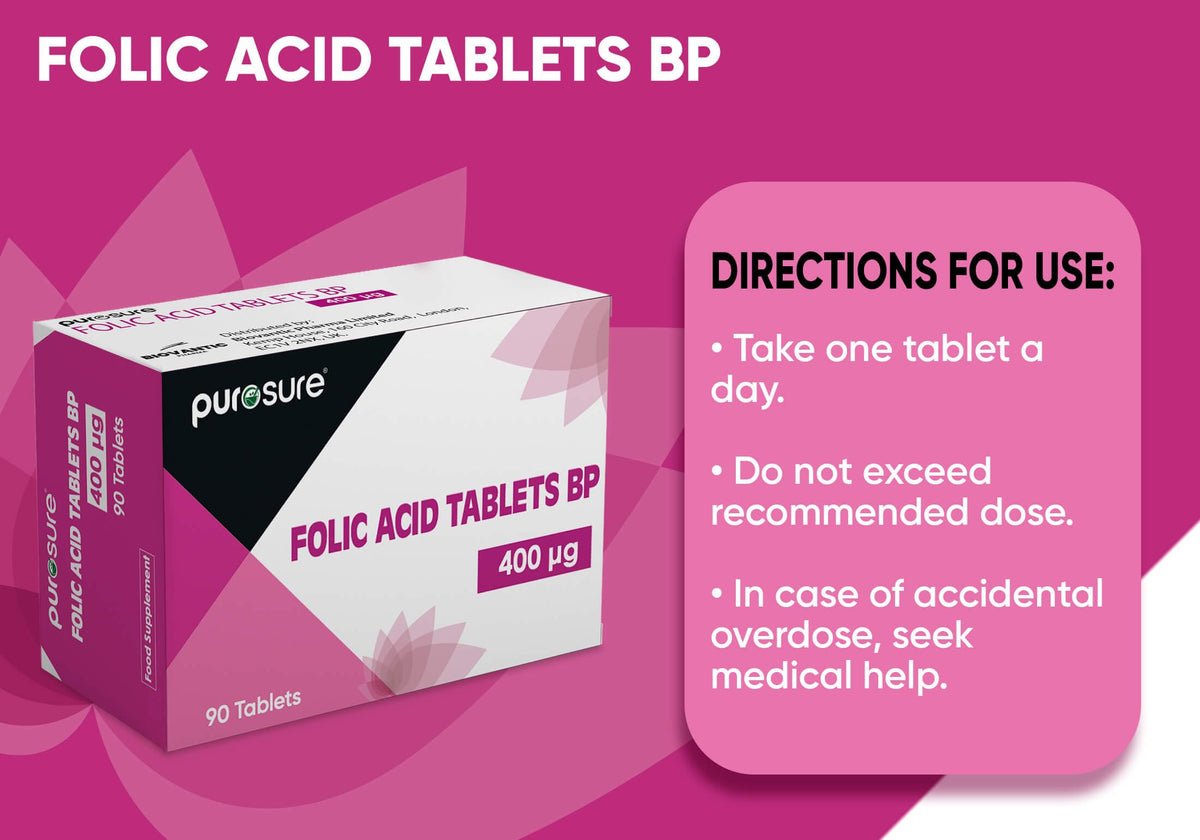 PuroSure Folic Acid 400 mcg Tablets 4Pack 360 Vitamin B9 Tablets 1 Year Supply for Pregnancy Care Supports Maternal Tissue Growth During Pregnancy Reduce Tiredness and Fatigue Boost Health and Immune System