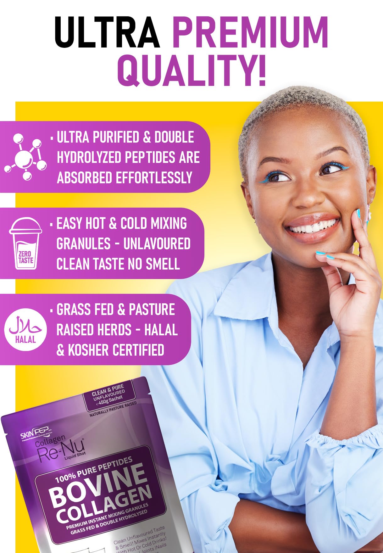 Skin Pep Collagen Powder 450g, Ultra Premium Hydrolysed Bovine Collagen Peptides by SkinPep - Halal & Kosher - High Levels of The 8 Essential Amino Acids, Collagen Supplements, Made in UK