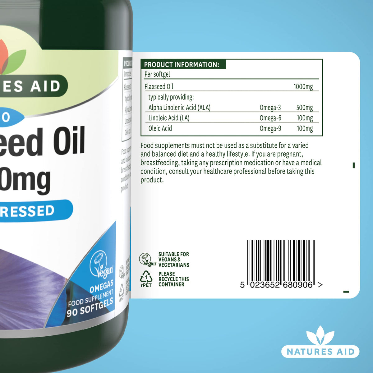 Natures Aid Flaxseed Oil 1000mg – High Strength Omega-3 Softgels – Supports Heart & Brain Function – Vegan, Non-GMO, Gluten-Free – Cold Pressed Essential Fatty Acids – 90 Capsules