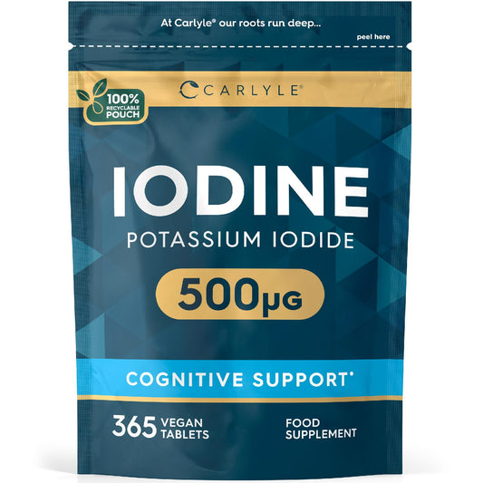 Iodine Tablets 500mcg | High Strength Iodine Supplement | 365 Vegan Tablets | by Carlyle