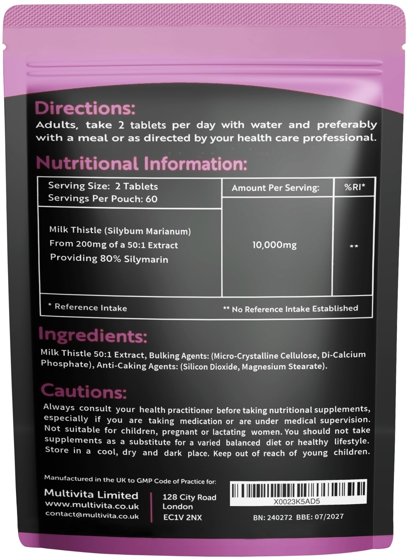 Multivita Milk Thistle Tablets 80% Silymarin High Strength 10,000mg Per Serving 2 Months Supply, 120 Vegan Tablets - Milk Thistle Capsules Alternative - Premium Supplement Made in UK