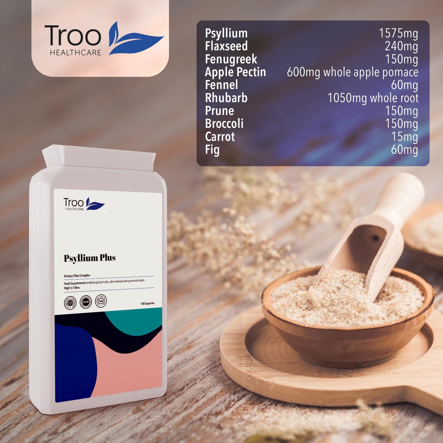Troo Health Care Digest-Flow Psyllium Plus Dietary Fibre Complex - 100 Capsules | Soluble and Insoluble Fibre Blend | UK Manufactured to GMP Standards