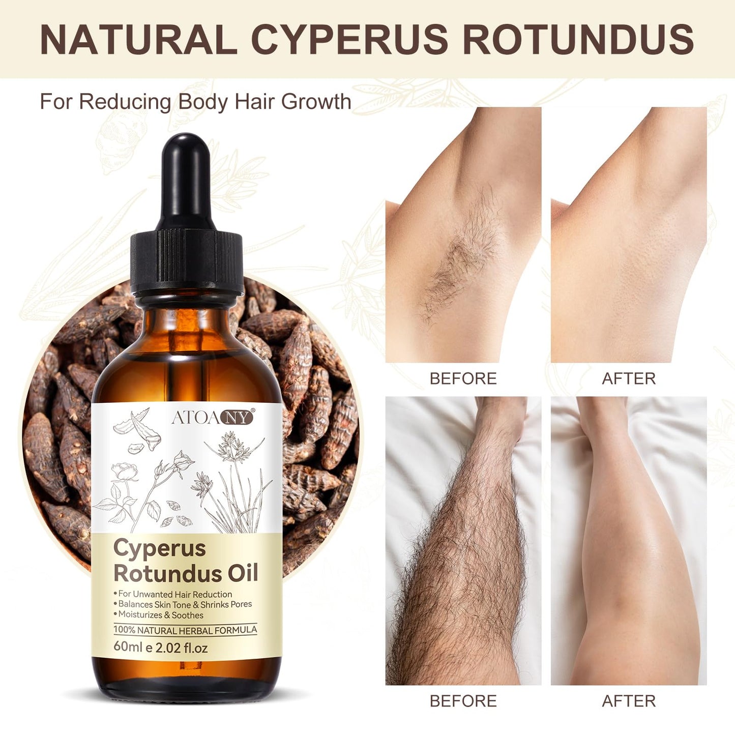 Cyperus Rotundus Oil, 100% Pure Natural Cyperus Oil for Hair Removal, Gently and Effectively Inhibits Hair Growth (60ml)
