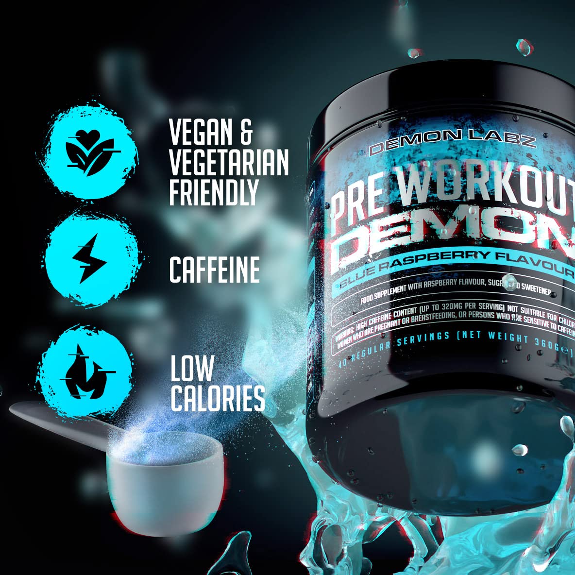 DEMON LABZ Pre Workout Demon - Hardcore Pre-Workout Powder Supplement with Creatine, Caffeine, Beta-Alanine and Glutamine (Blue Raspberry, 360g)