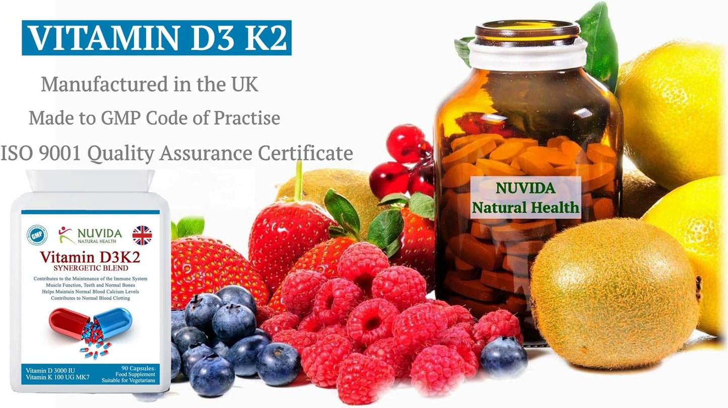 NUVIDA NATURAL HEALTH NUVIDA Vitamin D3 K2 - High Strength Blend of Vitamin K2 and D3 - Daily Vitamin K2 D3 Supplement - 90 Capsules 3 Months Supply - Suitable for Vegetarians