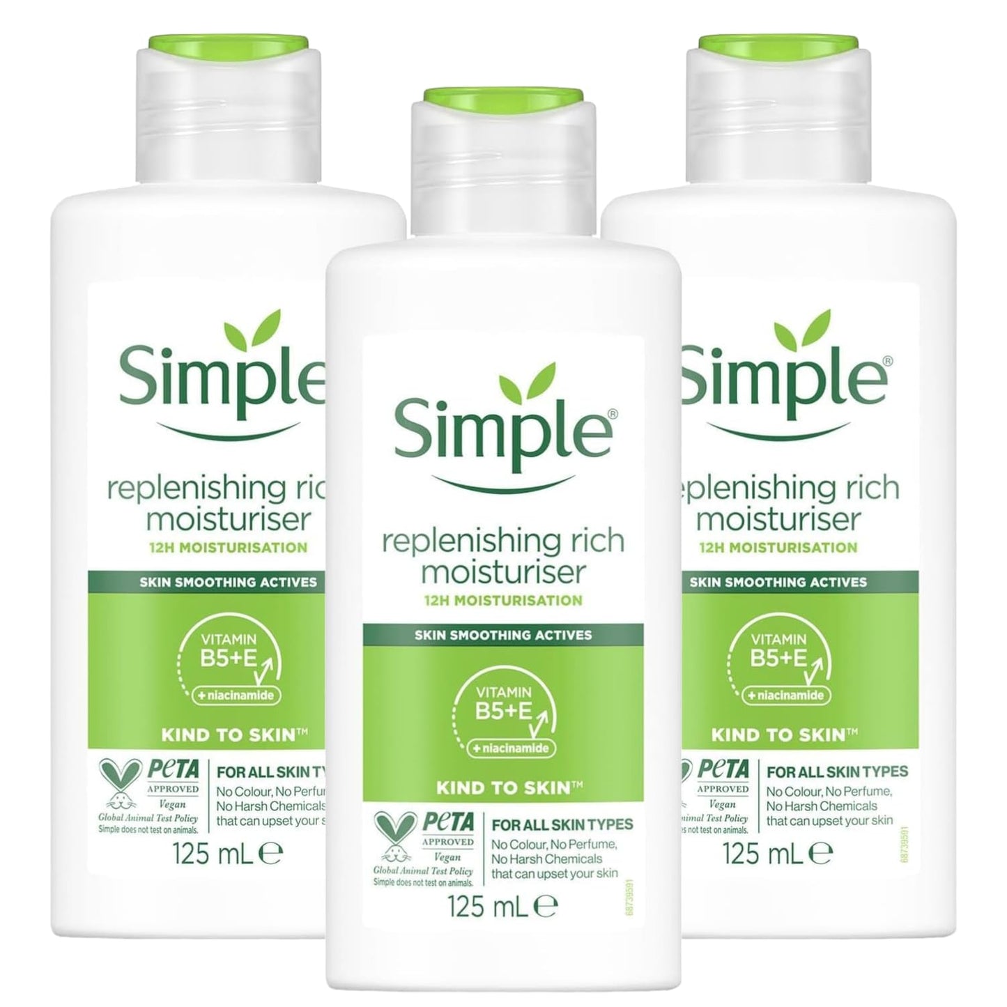 3 x 125mL | Simple Kind To Skin Replenishing Rich Moisturiser 125ml | 12 Hrs Moisturisation | For All Skin Types | 3 Pack