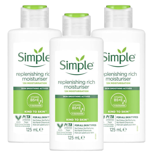 3 x 125mL | Simple Kind To Skin Replenishing Rich Moisturiser 125ml | 12 Hrs Moisturisation | For All Skin Types | 3 Pack