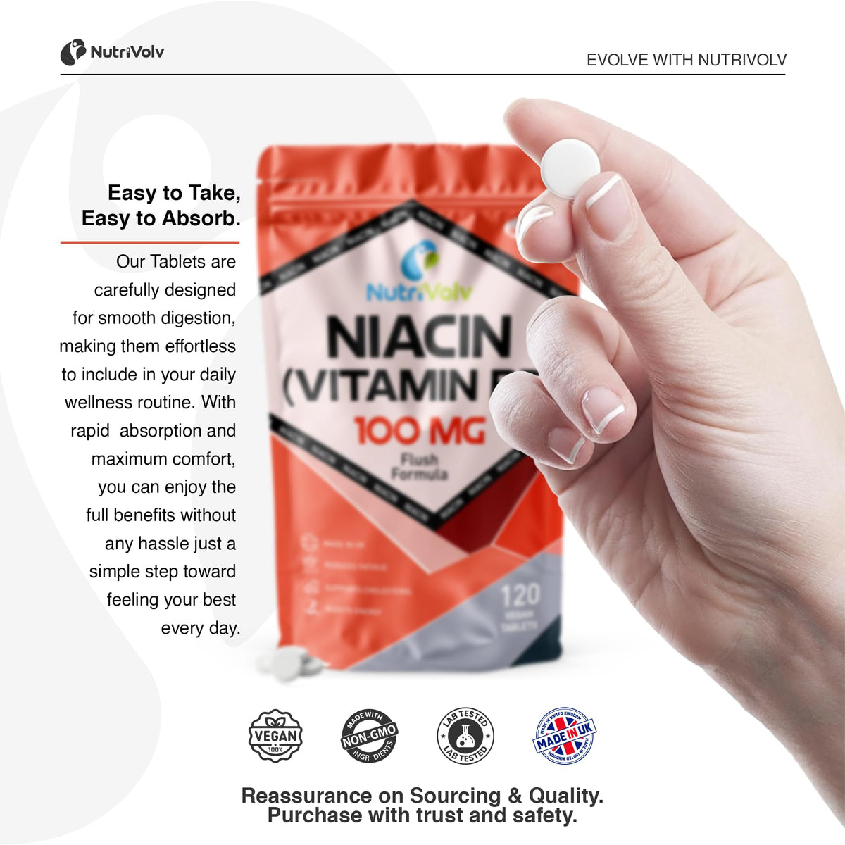 NutriVolv Nutrivolv Niacin Supplement Tablets | 100mg | Flush Formula | Pure Nicotinic Acid | Reduces Fatigue | Supports Healthy Cholesterol | Vitamin B3 for Men & Women | Vegan | Halal | Kosher | 120 Tablets