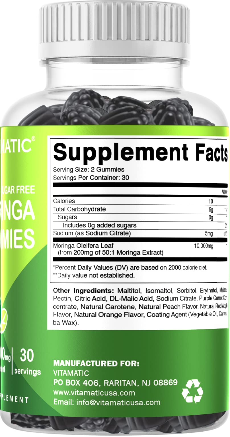 Vitamatic Sugar Free Moringa Gummies - 10000 mg Equivalent per Serving - Complete Green Superfood - 60 Pectin Based Gummies