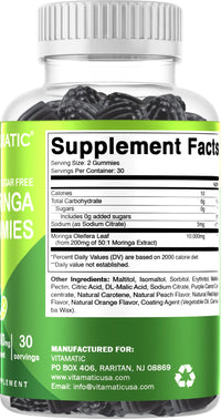 Vitamatic Sugar Free Moringa Gummies - 10000 mg Equivalent per Serving - Complete Green Superfood - 60 Pectin Based Gummies