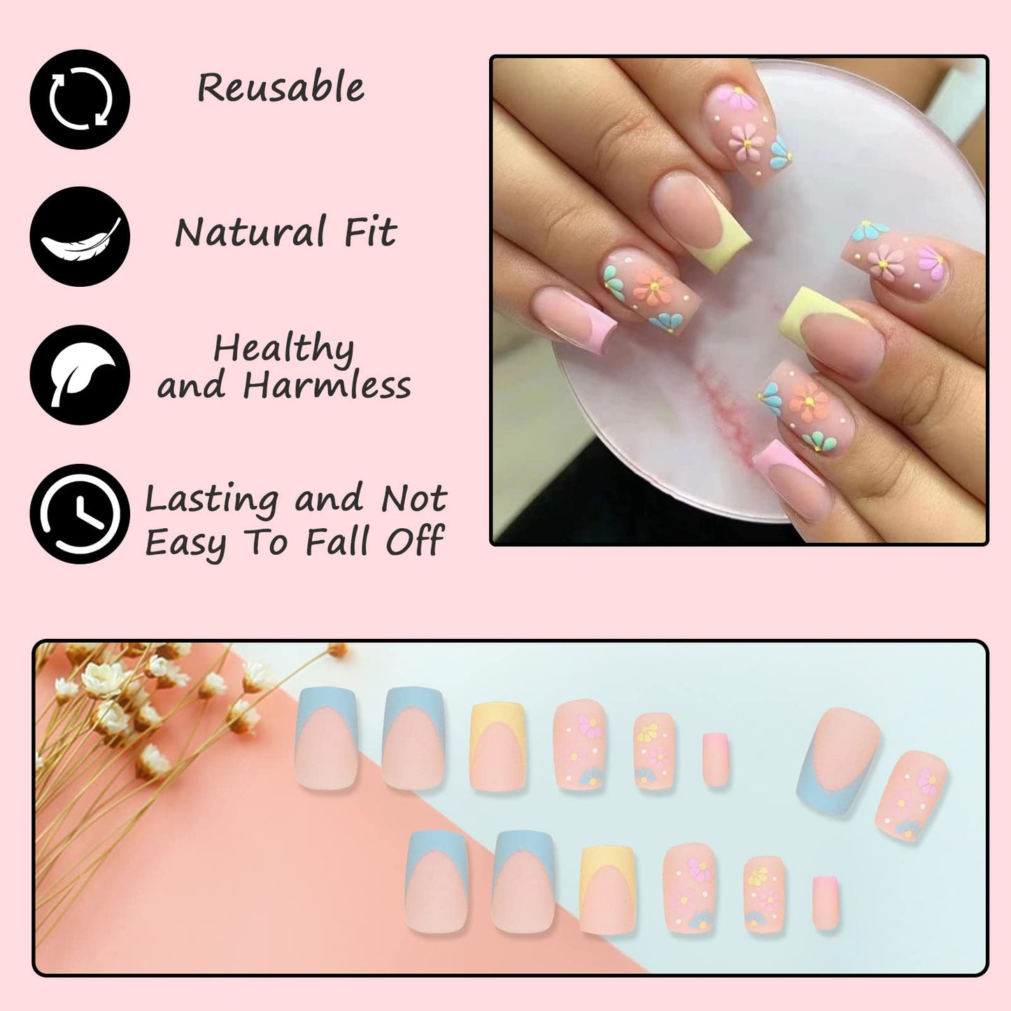 Ceboic 24Pcs Square False Nails Medium, Glossy Cute Flower French Press on Nails, Frosted Stick on Nails with Glue Stickers, Full Cover Artificial Fake Nails for Women Girls DIY Manicure Decoration
