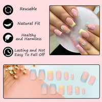 Ceboic 24Pcs Square False Nails Medium, Glossy Cute Flower French Press on Nails, Frosted Stick on Nails with Glue Stickers, Full Cover Artificial Fake Nails for Women Girls DIY Manicure Decoration