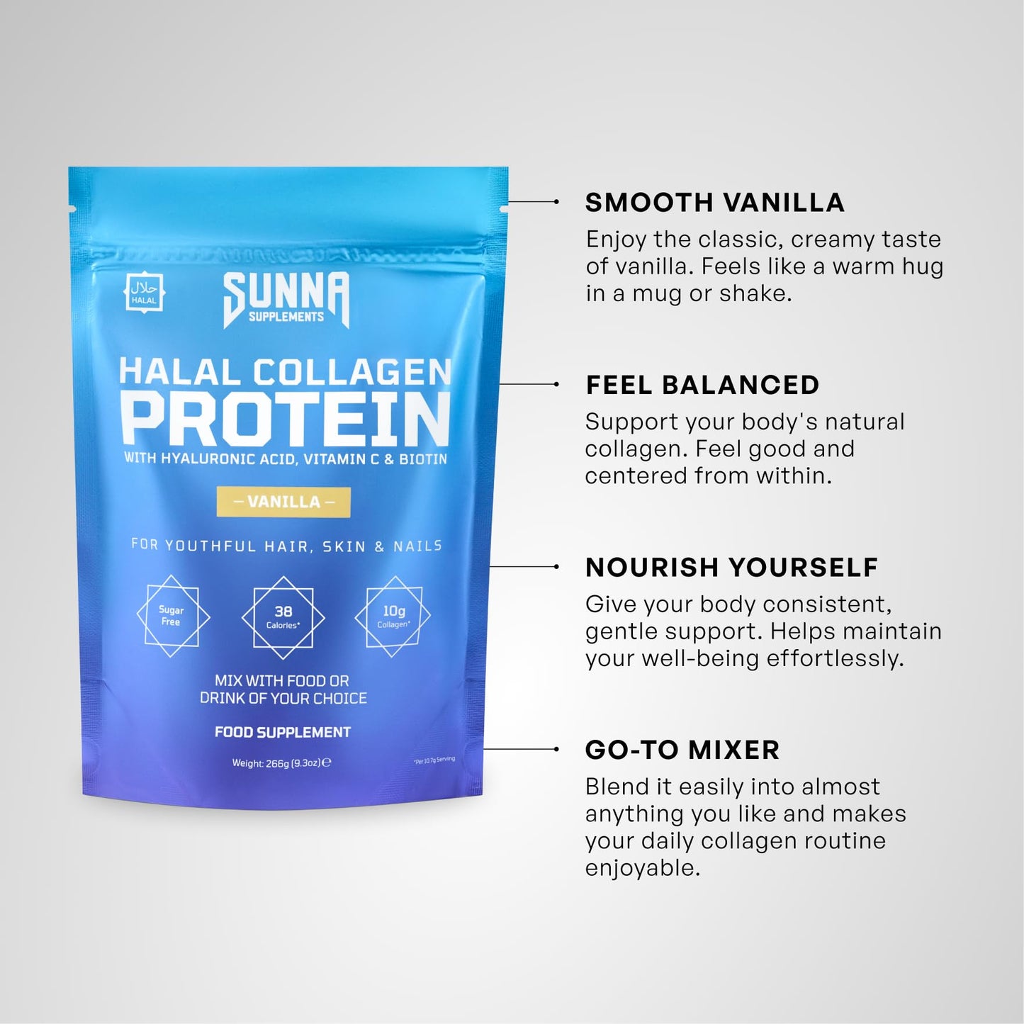 SUNNA SUPPLEMENTS - Halal Bovine Collagen Protein Powder for Hair, Skin, Nails & Joints | Hydrolysed Premium Bovine Collagen Peptides for Women & Men | Vanilla Flavour | Gluten Free | 266g