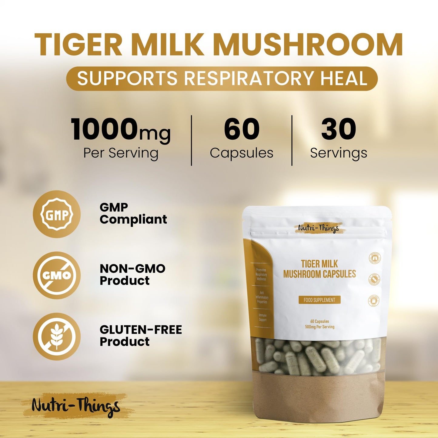Nutri-things Tiger Milk Mushroom Capsules | Pure 500mg Extract for Immune & Respiratory Support | Vegan-Friendly HPMC | Anti-Inflammatory Benefits | Enhances Lung Health | 60 Count Resealable Pack