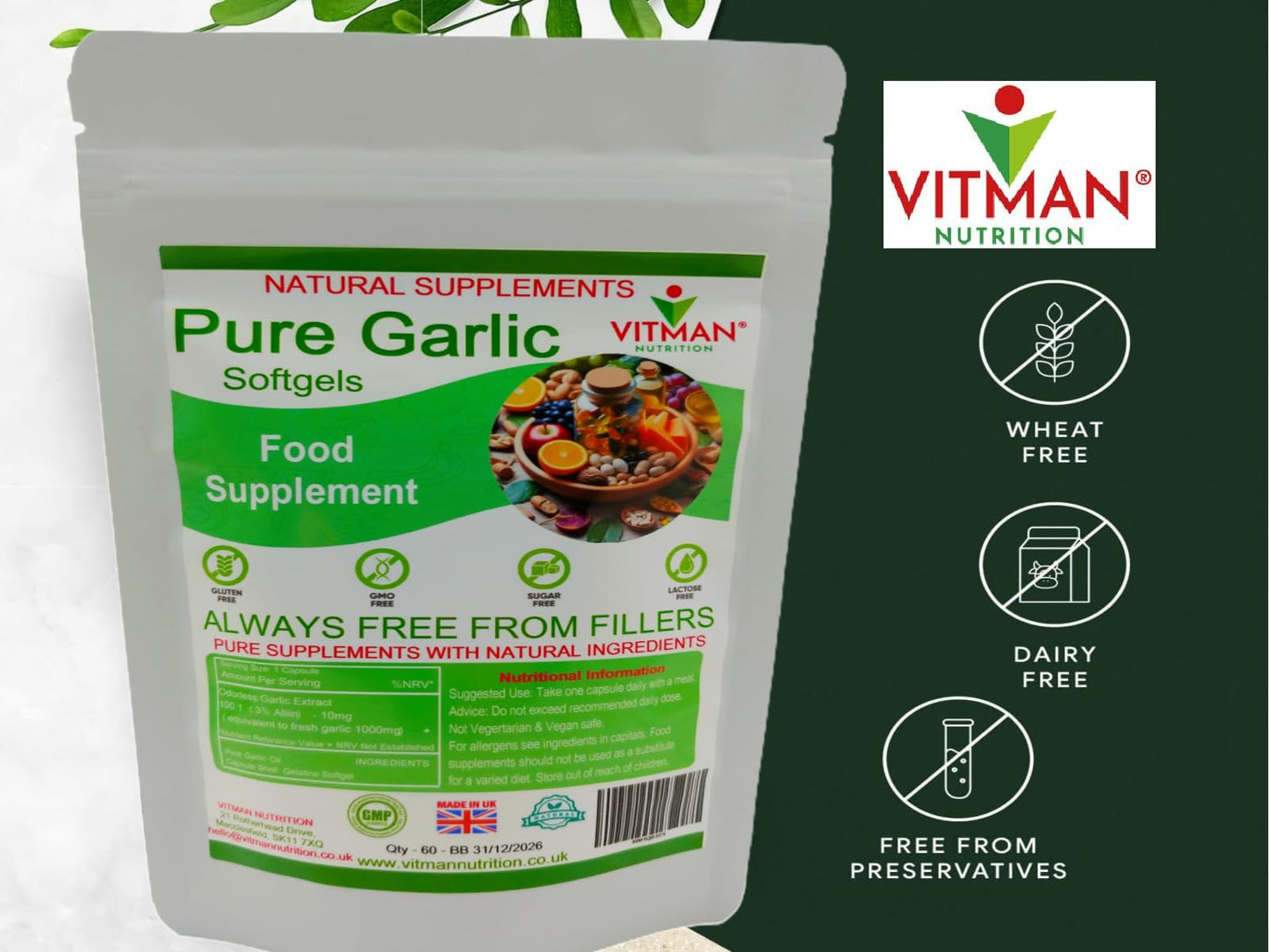 VitMan Nutrition Pure Garlic Softgels, High Strength 1000mg, Odourless, 60 Capsules, Gluten Free