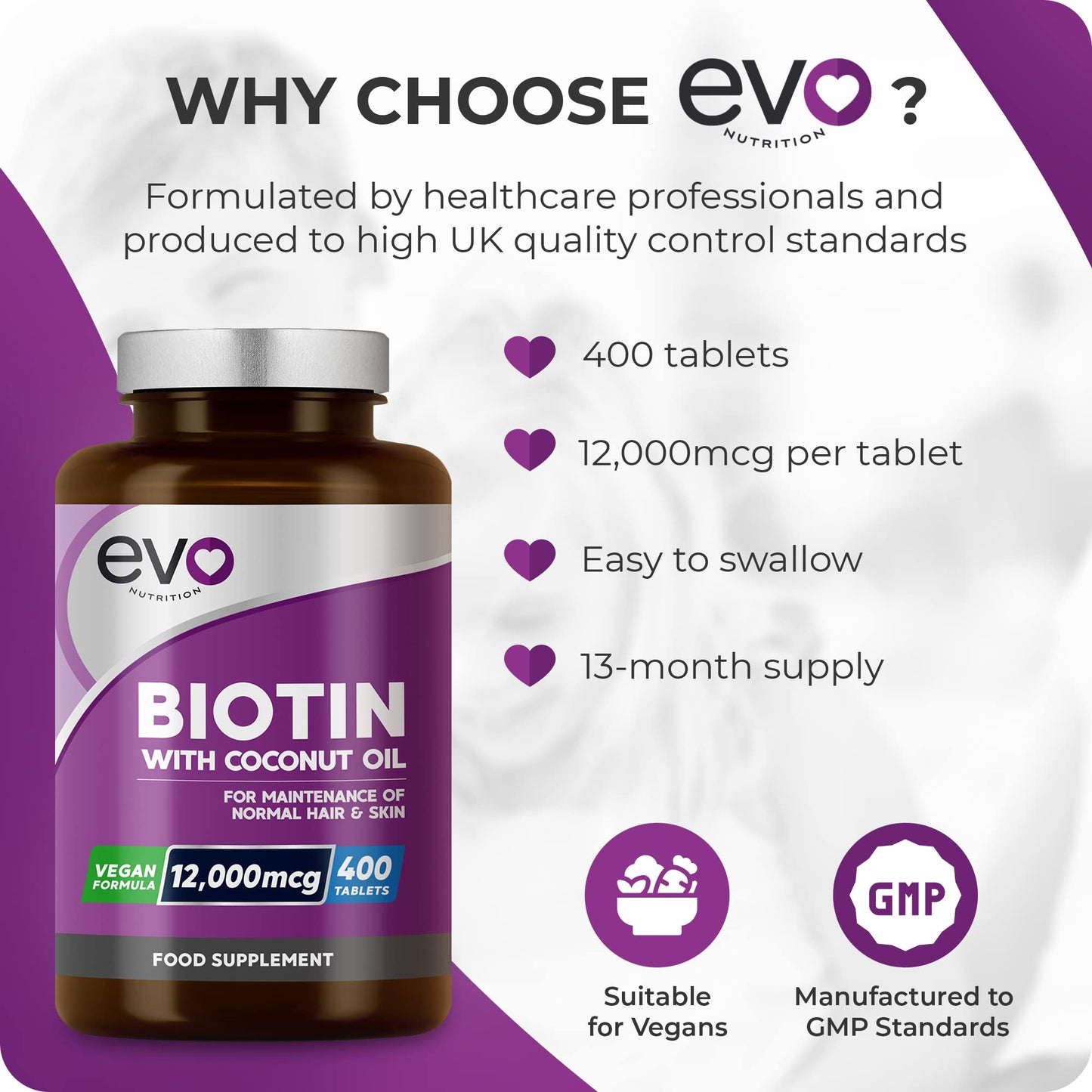 Biotin Hair Growth Supplement 12,000mcg with Coconut Oil | 400 High Strength Tablets for - 13 Month Supply Vitamin B7 Supports Normal Skin & Made in UK by EVO Nutrition