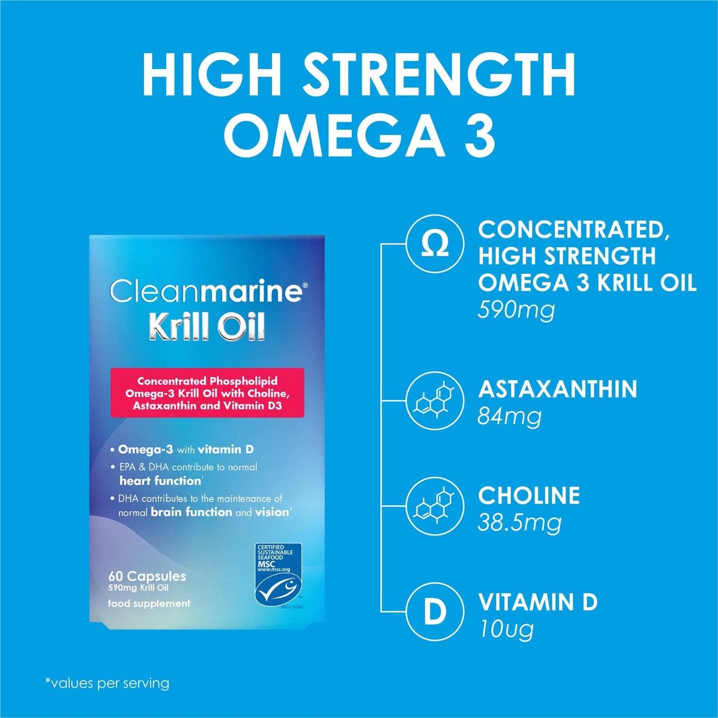 Cleanmarine Krill Oil – Packed with EPA & DHA – Omega 3 with Added Astaxanthin and Choline – Vitamin D – Heart, Eye & Brain Health – Joint & Immune Support - 60 Capsules