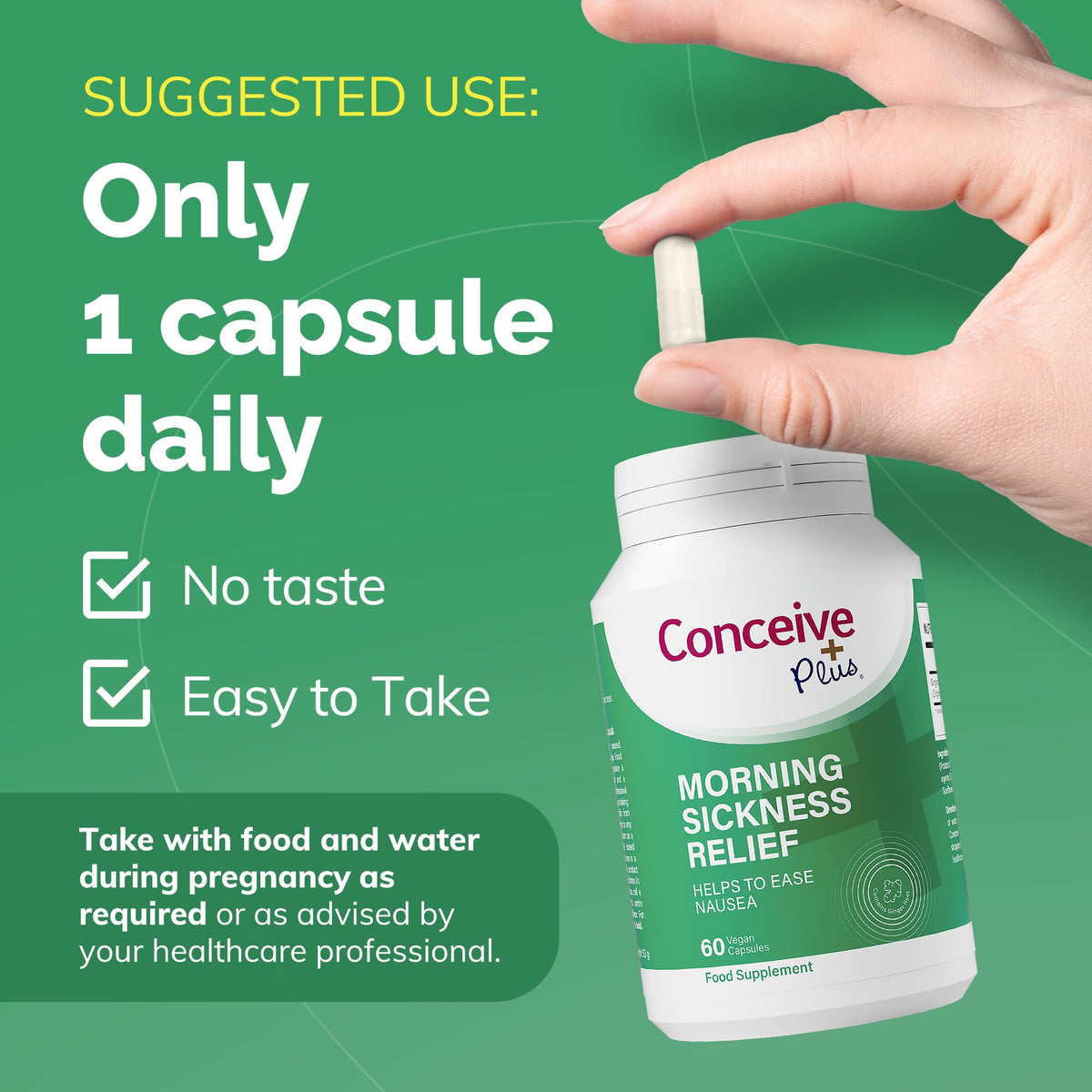 CONCEIVE PLUS Conceive Plus Morning Sickness Relief - Pure Dried Ginger Powder - Nausea, Motion, and Stomach Discomfort Relief for Pregnancy - Essential for Expecting Moms - Non-GMO - 60 Vegan Capsules